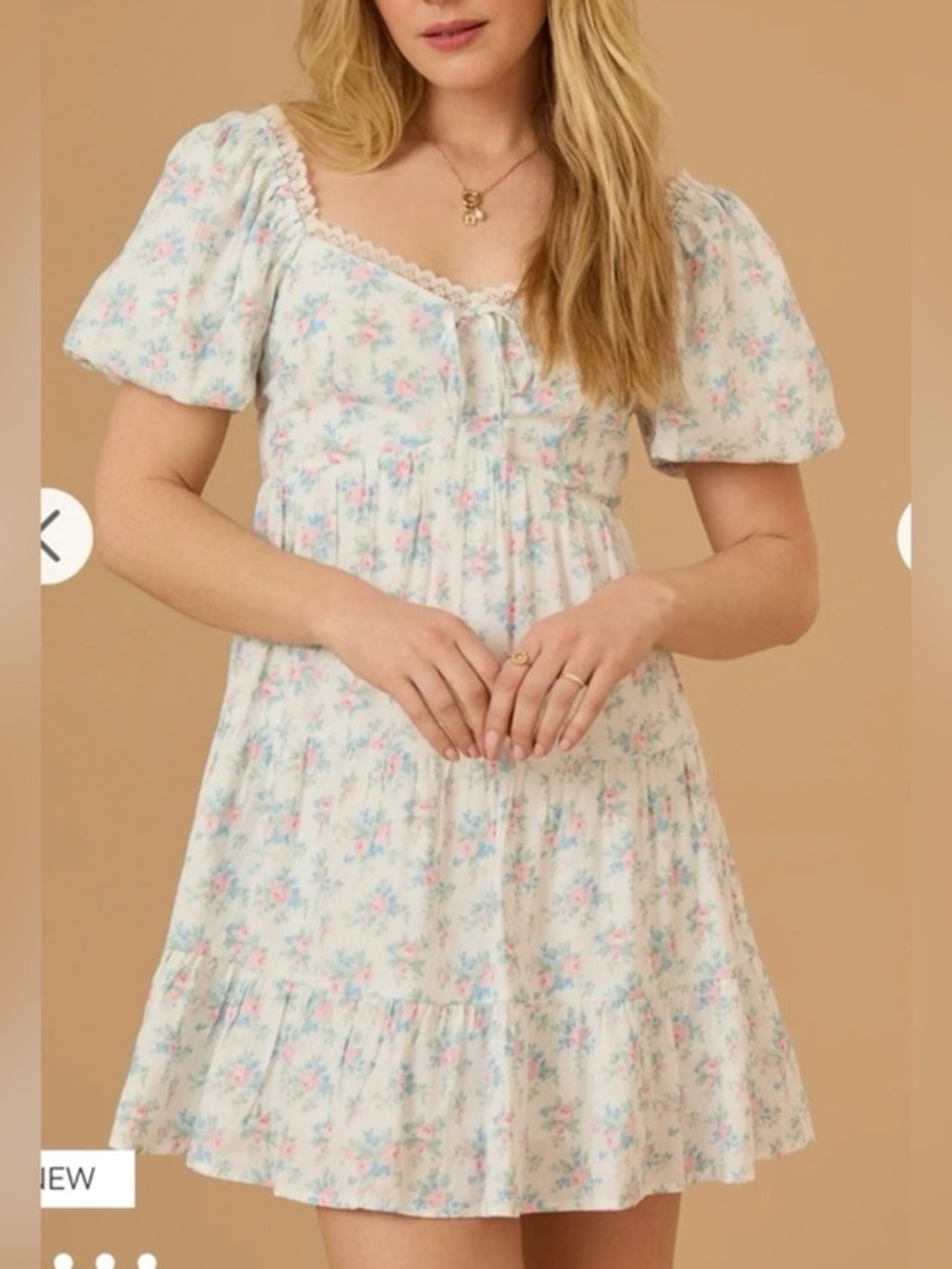 NWT Altar'd State Women’s Clara Ivory Blue Floral Puff Sleeve Mini Dress